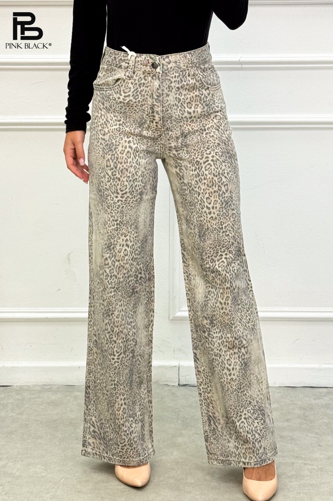 Nohavice wide leg s leopardím vzorom